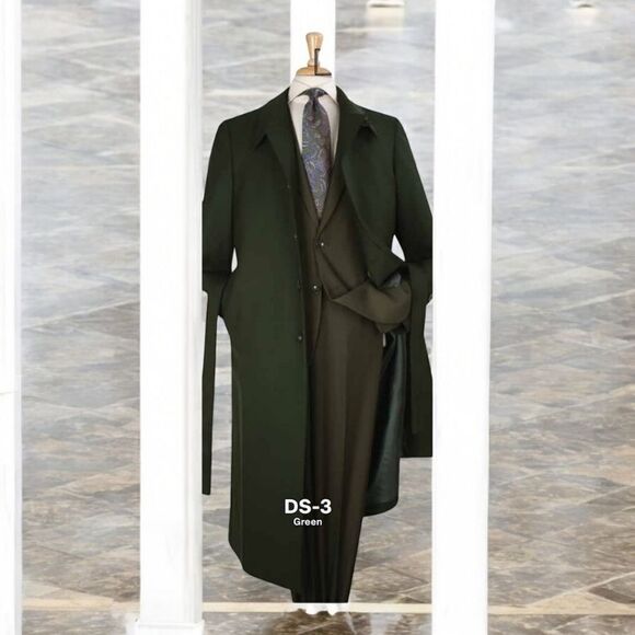 MEN'S BLACK DIAMOND 100% WOOL FULL LENGTH GREEN DUSTER COAT DS-3. - Picture 1 of 2